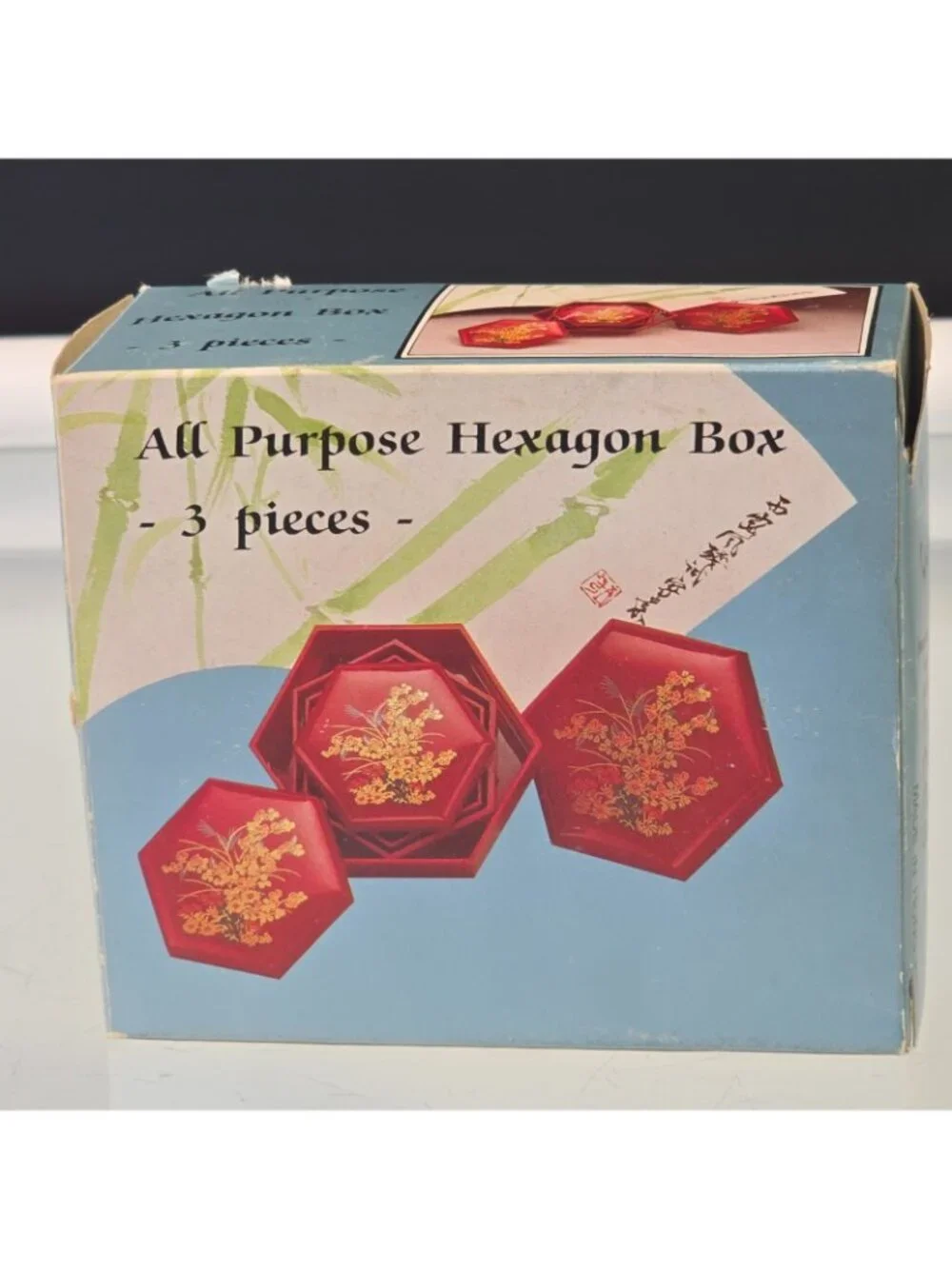 Vintage Set 3 Hexagonal Nesting Celluloid Floral Trinket Boxes Made in Hong Kong
